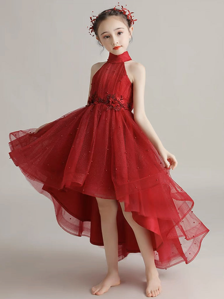 Burgundy Tulle High Low Short Flower Girl Dress with Lace Applique