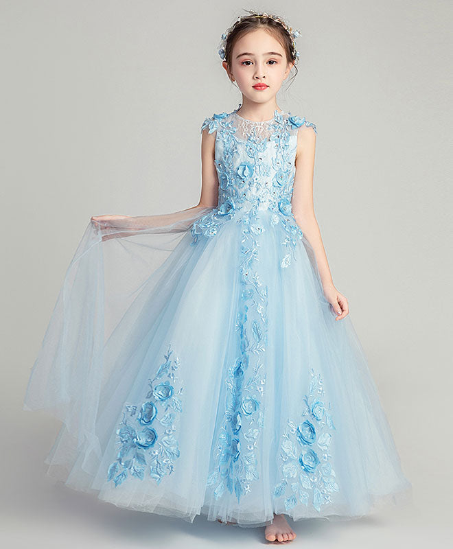 Blue Round Neck Tulle Lace Flower Girl Dress, Girl Fashion Dress