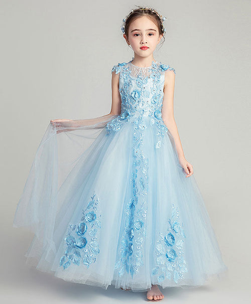 Blue Round Neck Tulle Lace Flower Girl Dress, Girl Fashion Dress