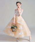 Champagne Round Neck Tulle Lace Flower Girl Dress