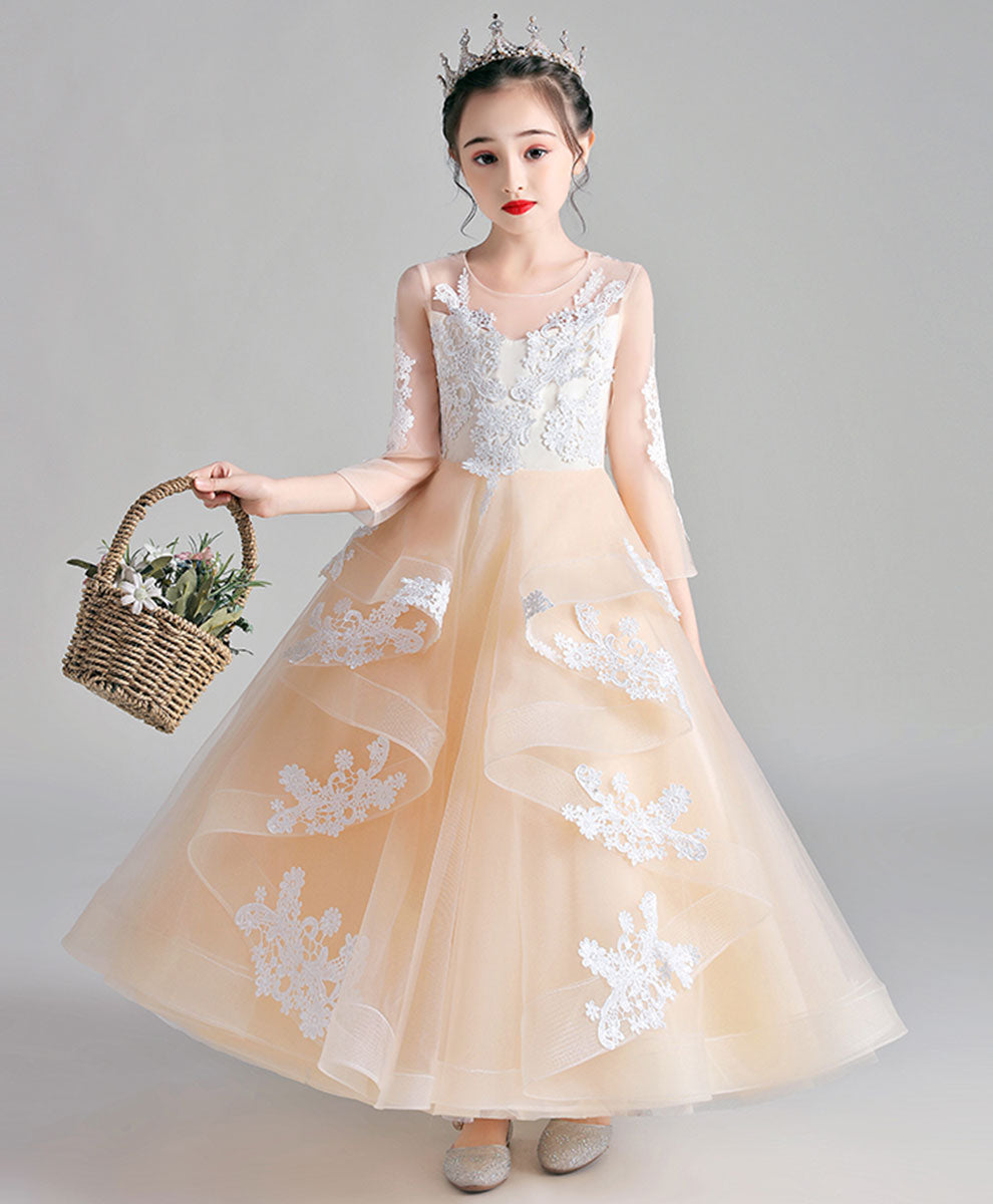 Champagne Round Neck Tulle Lace Flower Girl Dress
