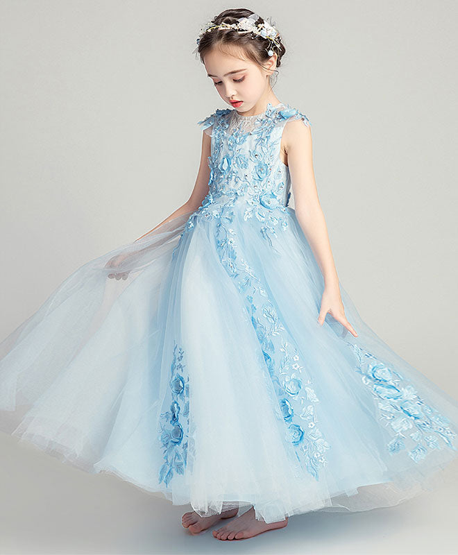Blue Round Neck Tulle Lace Flower Girl Dress, Girl Fashion Dress