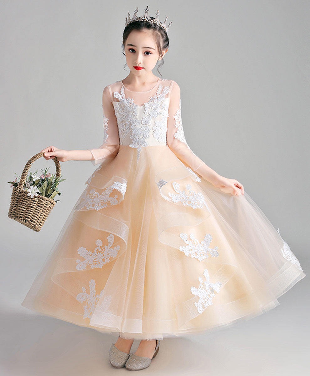 Champagne Round Neck Tulle Lace Flower Girl Dress