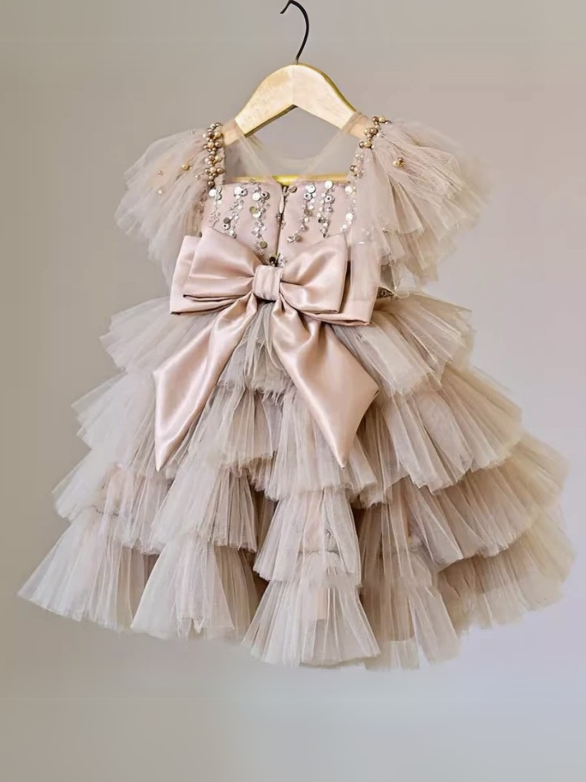 Champagne Sparkle Tulle Tiered Ruffle Party Dress