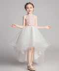 White Round Neck Tulle Lace High Low Prom Dress, Lace Flower Girl Dress