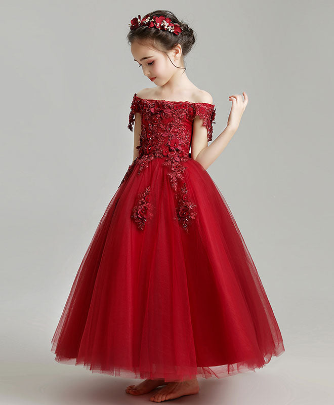 Burgundy Tulle Lace Flower Girl Dress, Burgundy Girl Party Dress