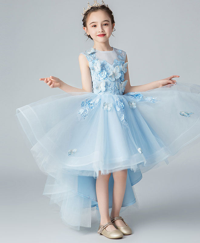 Blue Round Neck Tulle High Low Lace Prom Dress, Flower Girl Dress