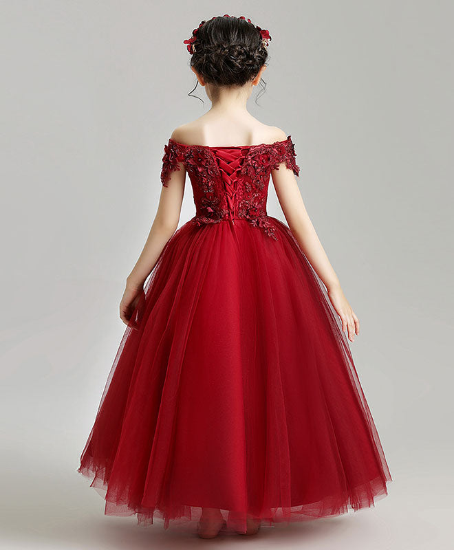 Burgundy Tulle Lace Flower Girl Dress, Burgundy Girl Party Dress