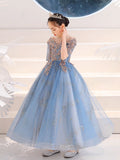 Blue Round Neck Tulle Sequin Lace Flower Girl Dress, Cute Blue Flower Girl Dress