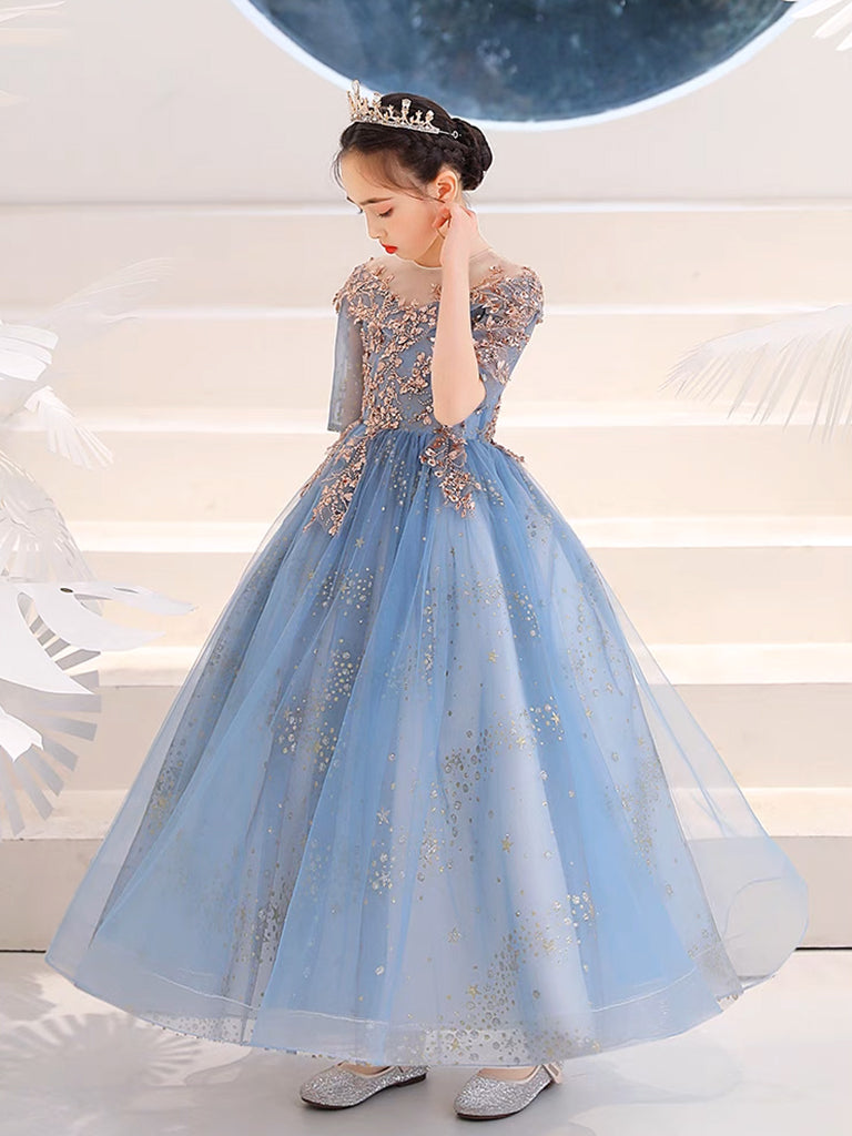 Blue Round Neck Tulle Sequin Lace Flower Girl Dress, Cute Blue Flower Girl Dress