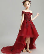 Burgundy High Low Tulle Lace Flower Girl Dress, Party Girl Dress