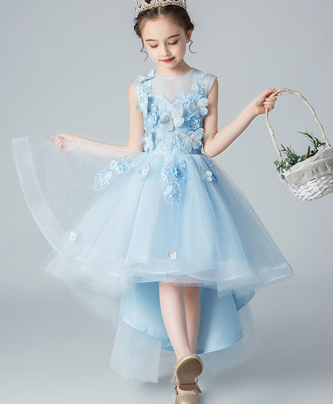 Blue Round Neck Tulle High Low Lace Prom Dress, Flower Girl Dress