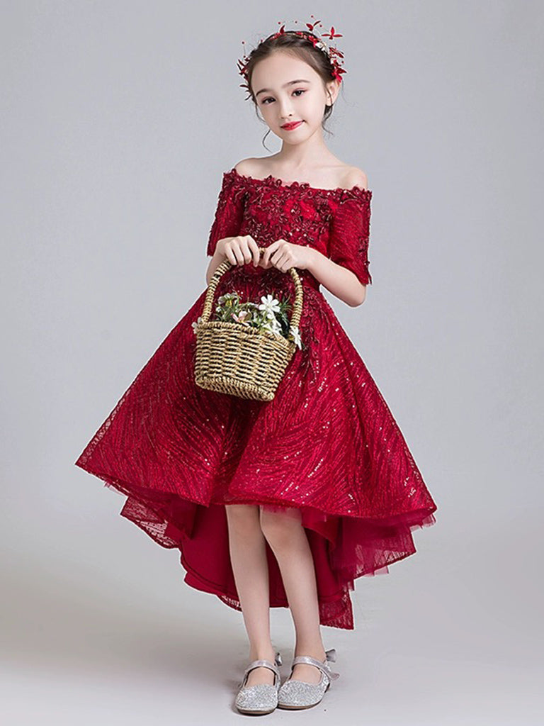 A-Line High Low Tulle Lace Burgundy Flower Girl Dress