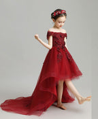 Burgundy High Low Tulle Lace Flower Girl Dress, Party Girl Dress