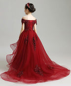 Burgundy High Low Tulle Lace Flower Girl Dress, Party Girl Dress