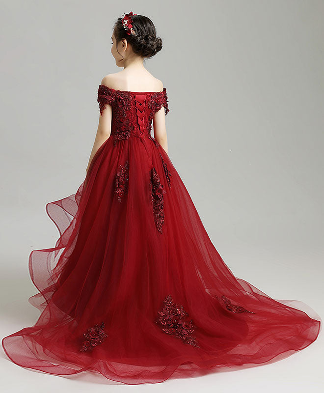 Burgundy High Low Tulle Lace Flower Girl Dress, Party Girl Dress