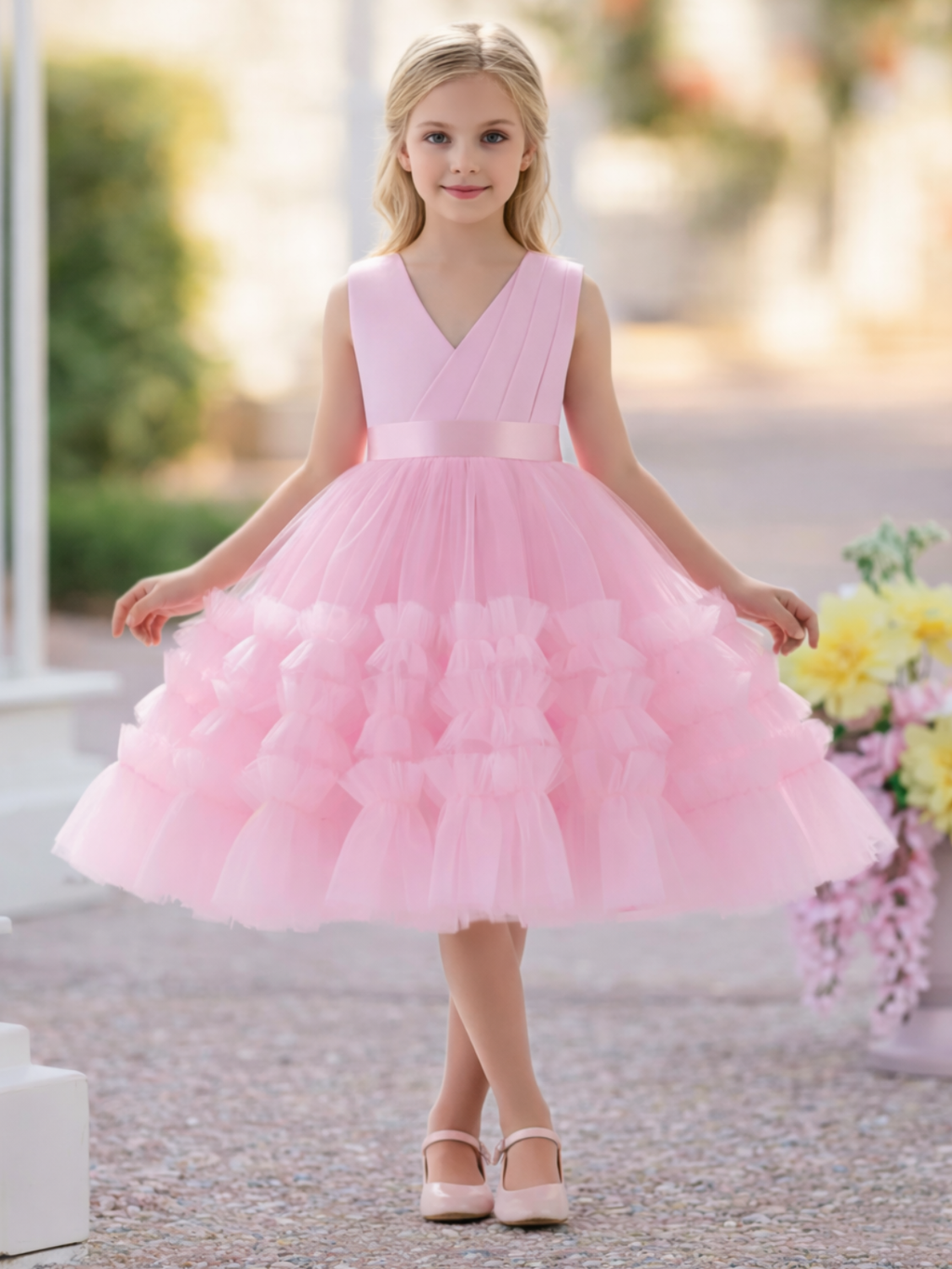Blushing In Glam Pink Ruffle Tulle Gown