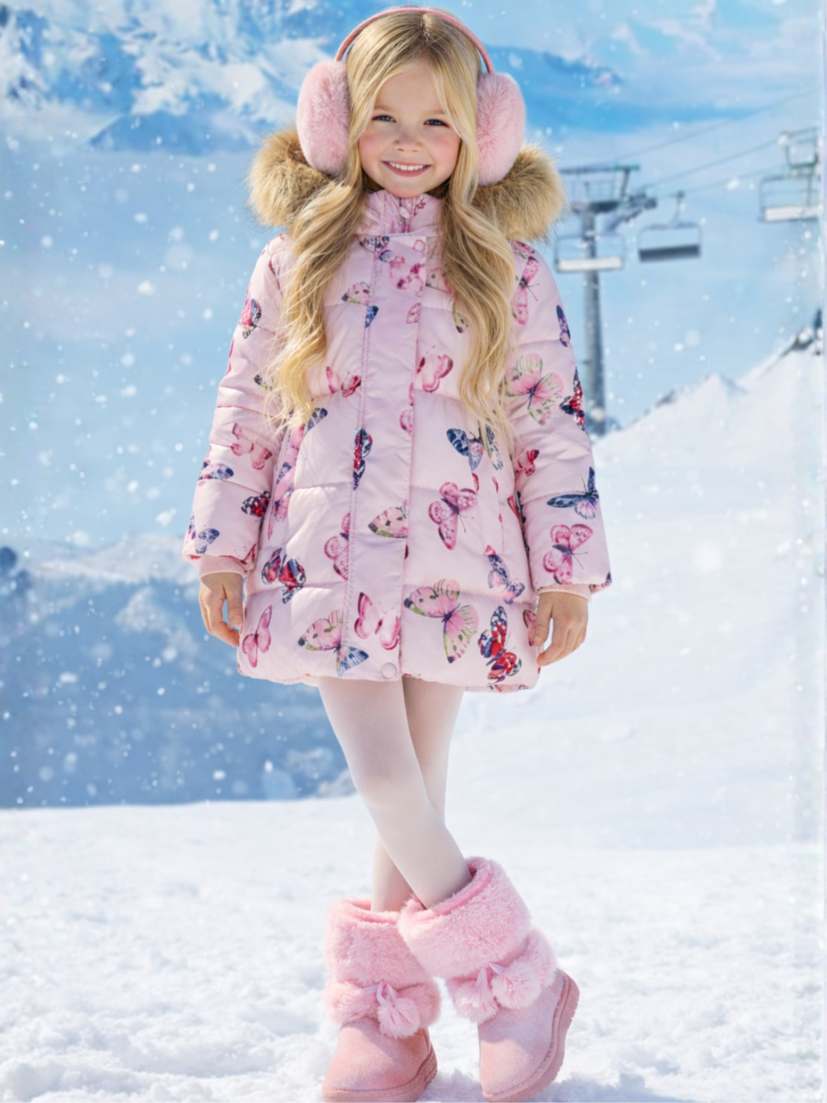 Flutter Bliss Butterfly Print Fur-Trim Hooded Puffer Coat