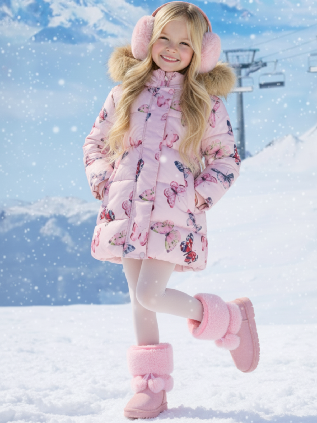 Flutter Bliss Butterfly Print Fur-Trim Hooded Puffer Coat