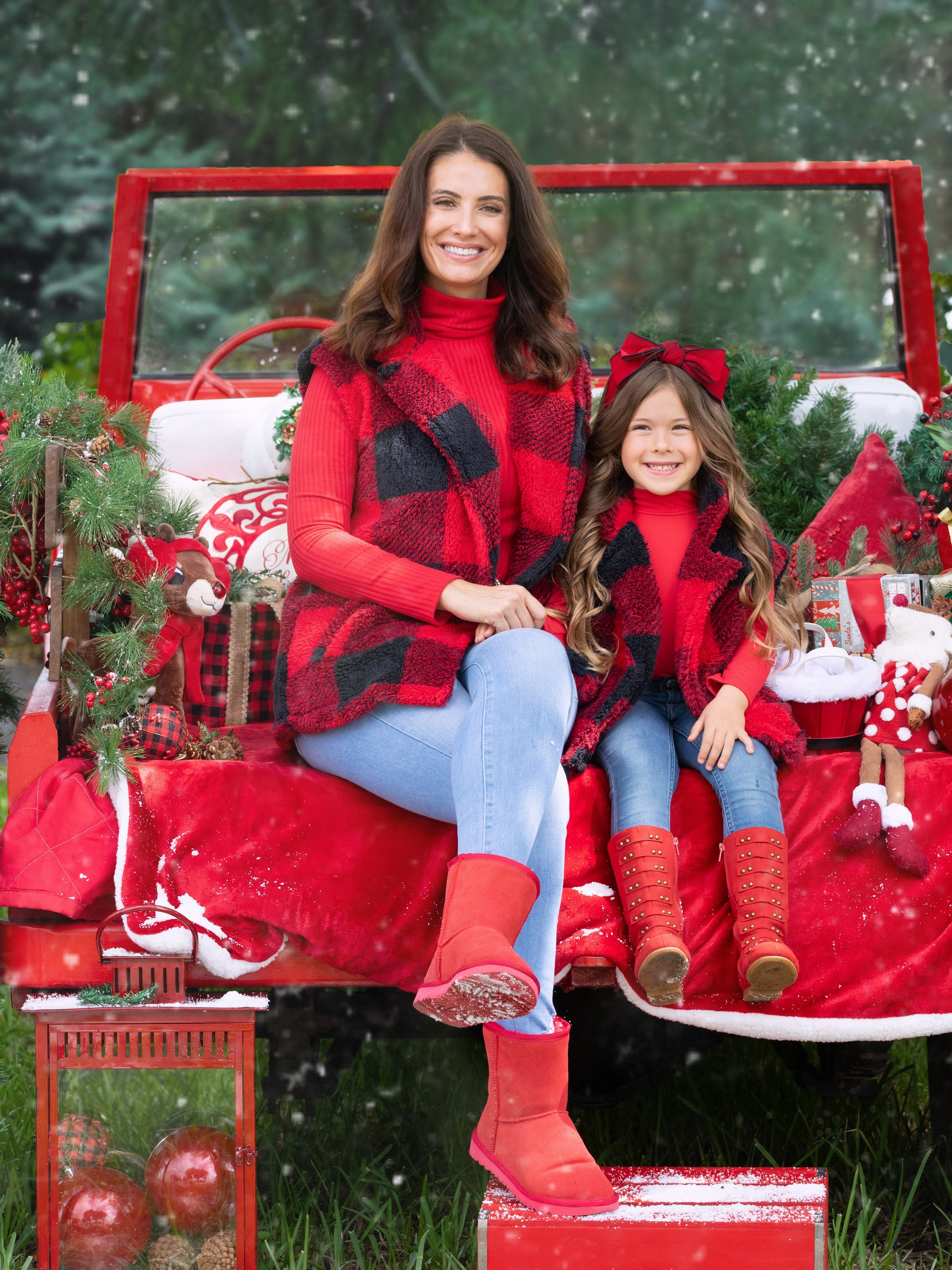 Mommy and Me Furry Buffalo Plaid Outerwear Vest