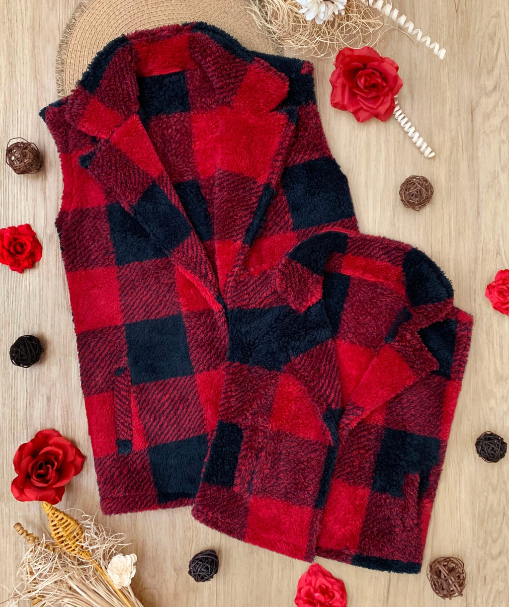 Mommy and Me Furry Buffalo Plaid Outerwear Vest