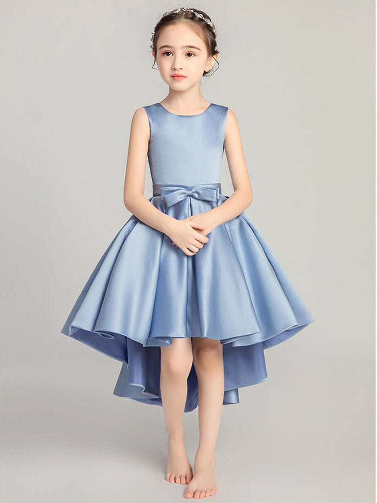A-Line Round Neck High Low Satin Blue Short Flower Girl Dress