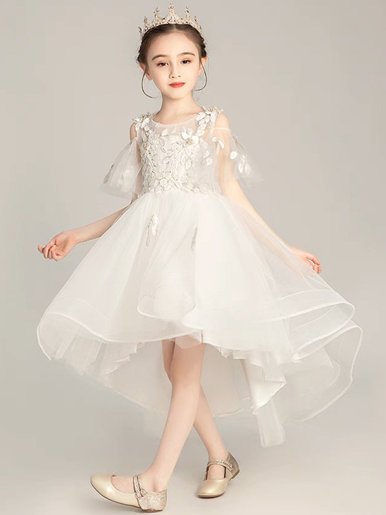 Beige Tulle Lace High Low Flower Girl Dress, Lace Girl Party Dress