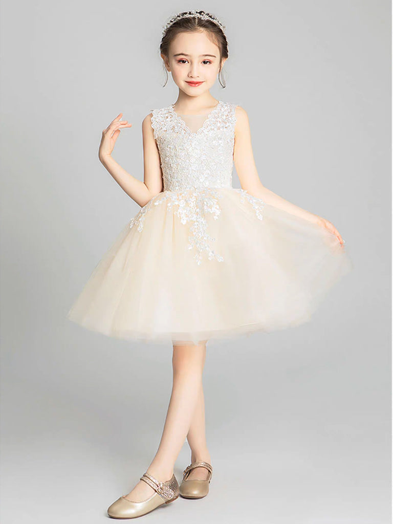 Champagne Tulle Lace Short Flower Girl Dress