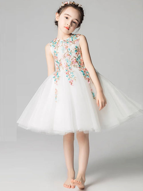 A-Line Tulle Lace Applique Short White Flower Girl Dress