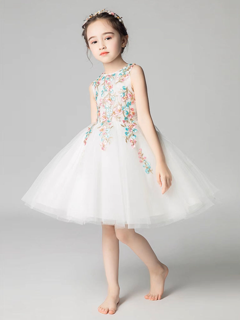 A-Line Tulle Lace Applique Short White Flower Girl Dress