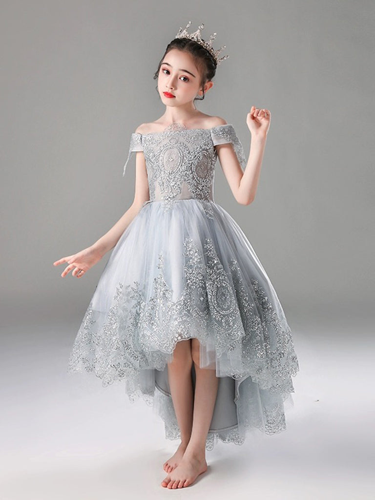 A-Line Gray Tulle Lace High Low Flower Girl Dress