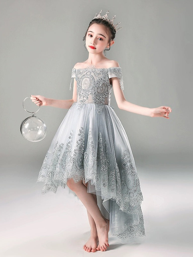 A-Line Gray Tulle Lace High Low Flower Girl Dress